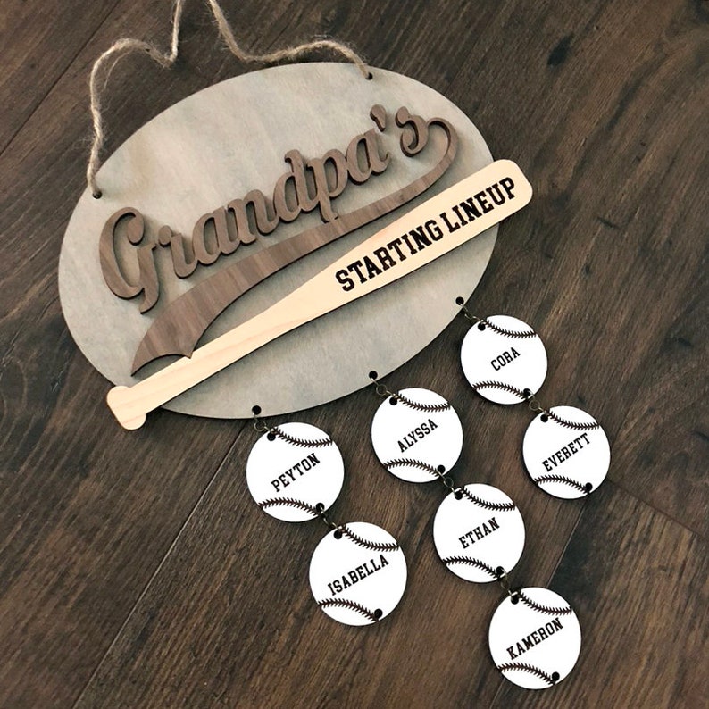 Grandpa's Starting Lineup baseball themed personalized hanging wooden sign