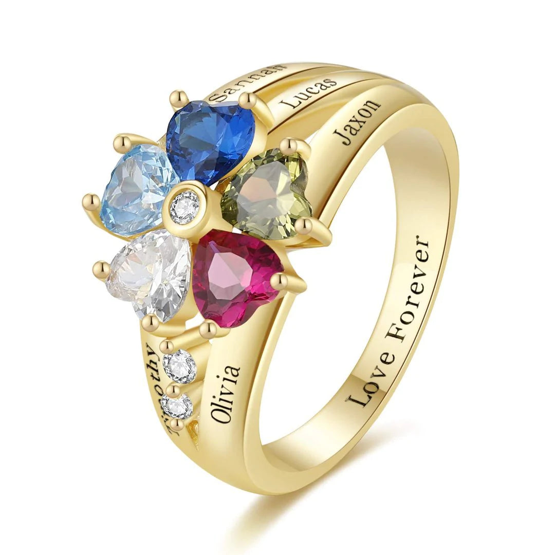 💕Customized Engarving Heart Birthstone Flower Ring