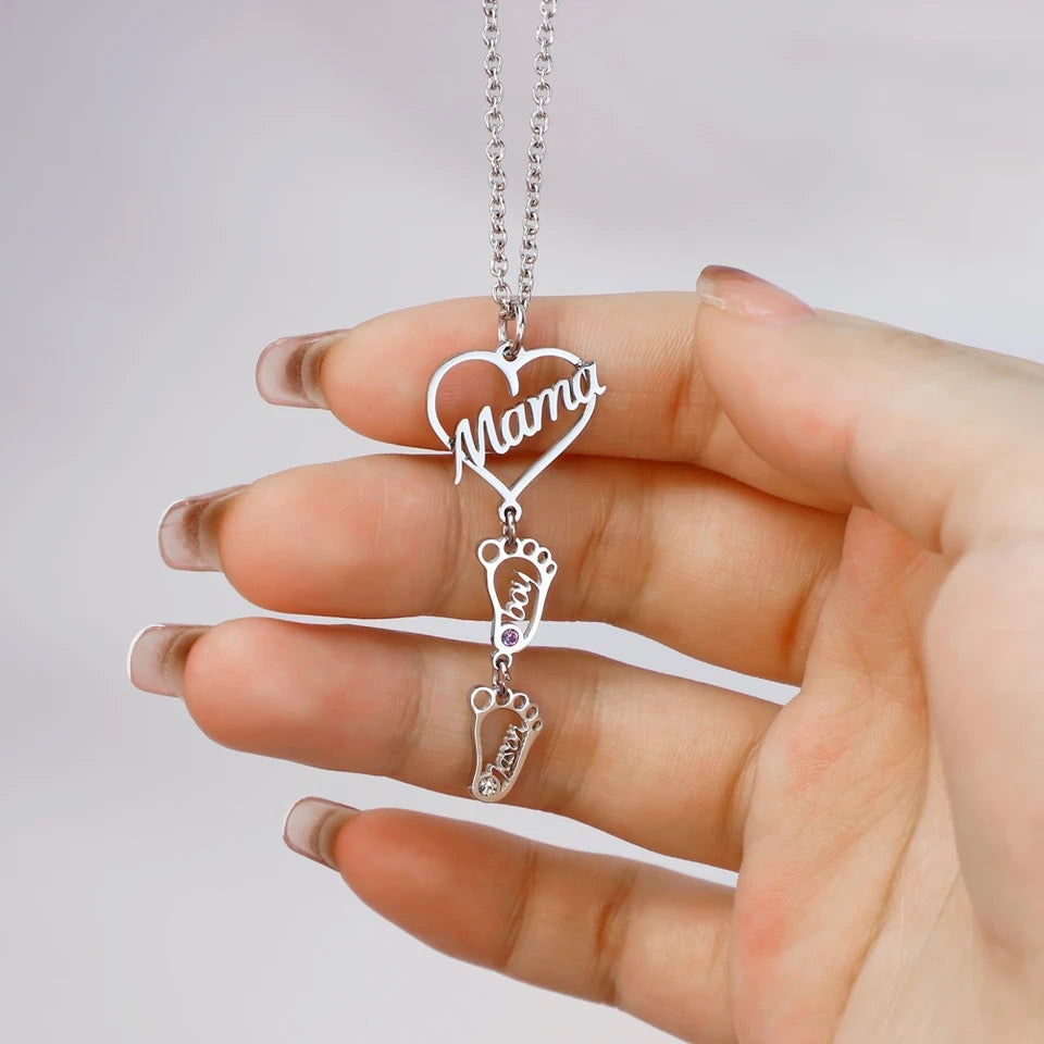 Personalized Heart Pendant Birthstones Necklace with BabyFeet Charms