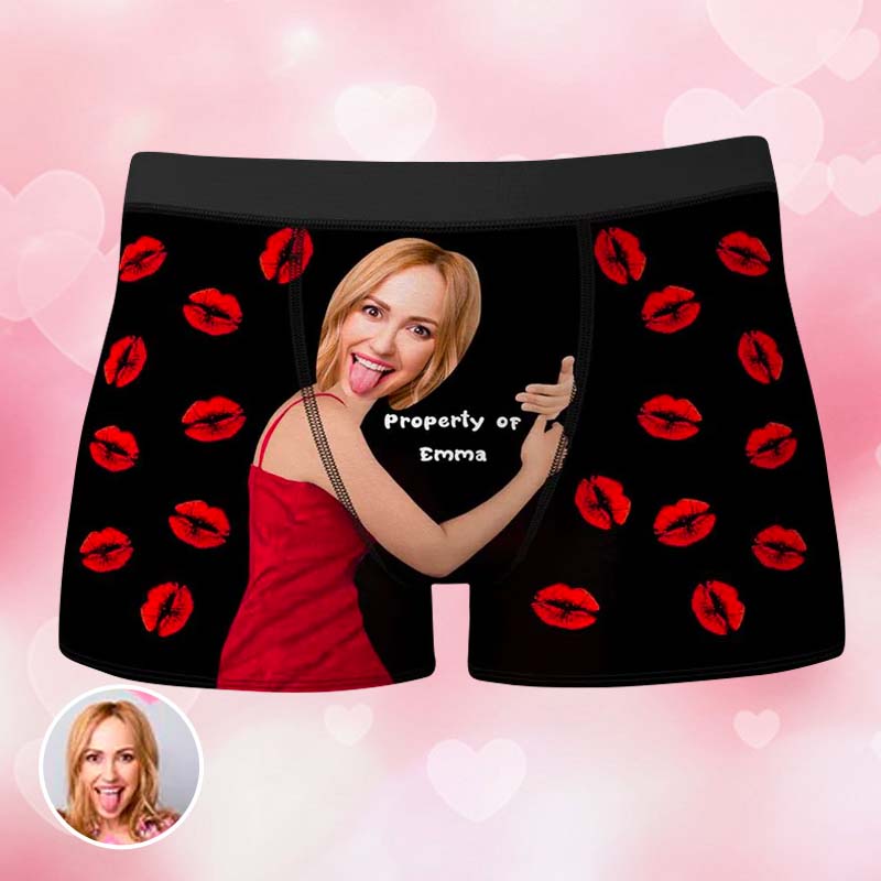 Custom Funny Red Face Lips Photo with Text Boxer