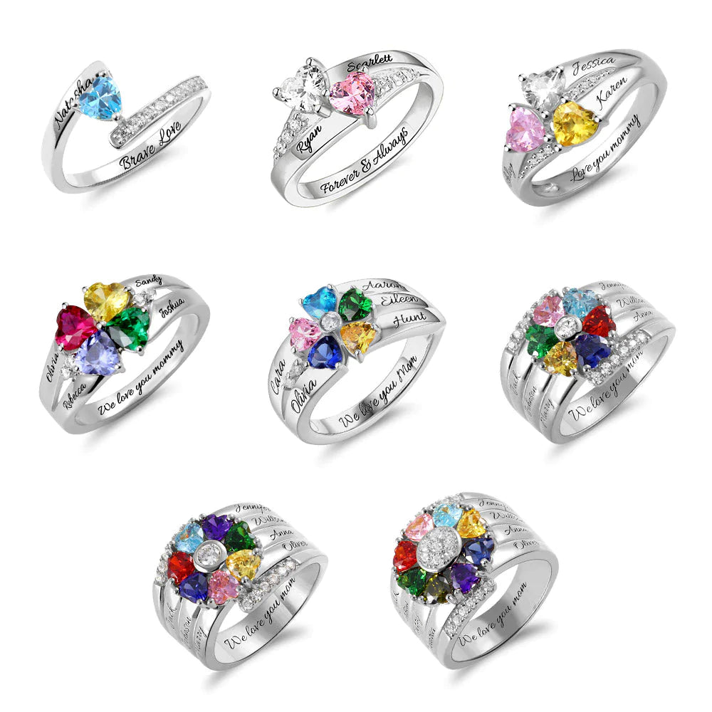 💕Customized Engarving Heart Birthstone Flower Ring