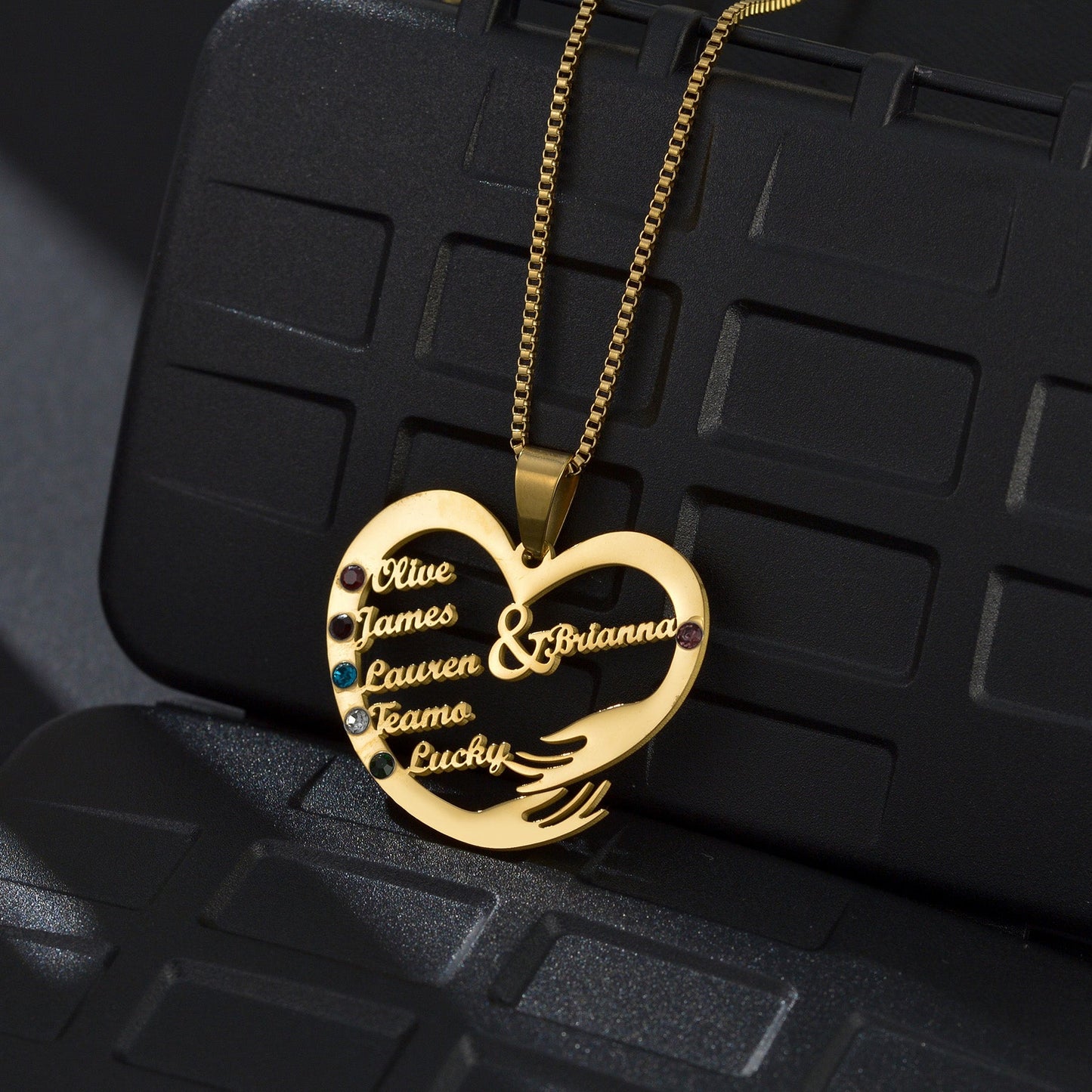 Personalized Heart Hand Hug Necklace With Birthstones for Mom