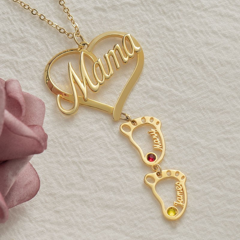 Personalized Heart Pendant Birthstones Necklace with BabyFeet Charms