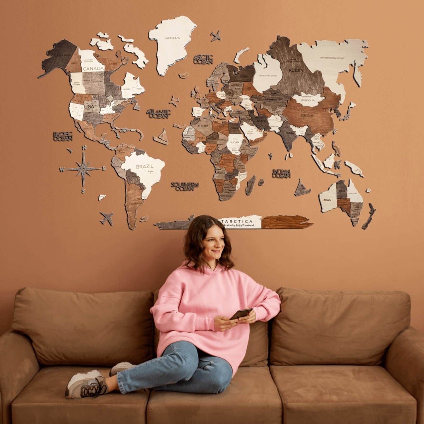 3D Wooden World Map Multicolor