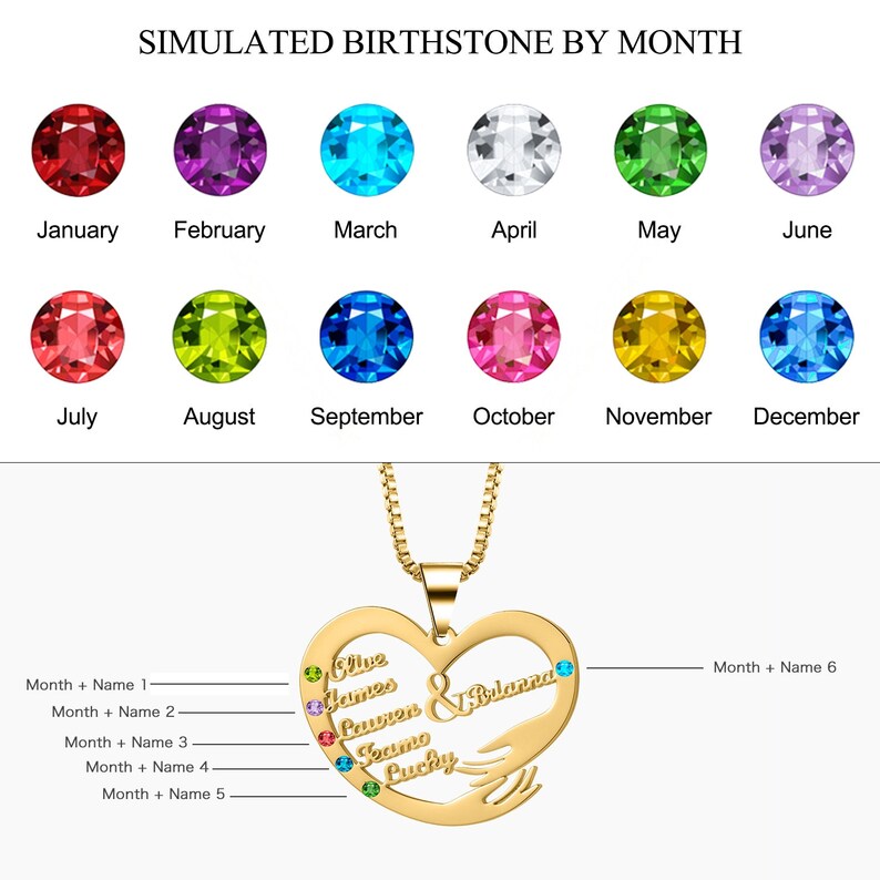 Personalized Heart Hand Hug Necklace With Birthstones for Mom