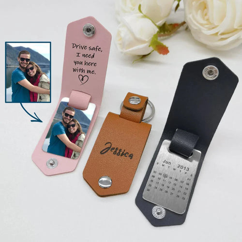 Personalized Photo Keyring In Leather Case