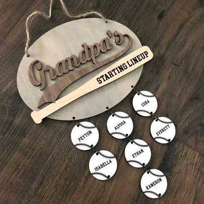 Grandpa's Starting Lineup baseball themed personalized hanging wooden sign