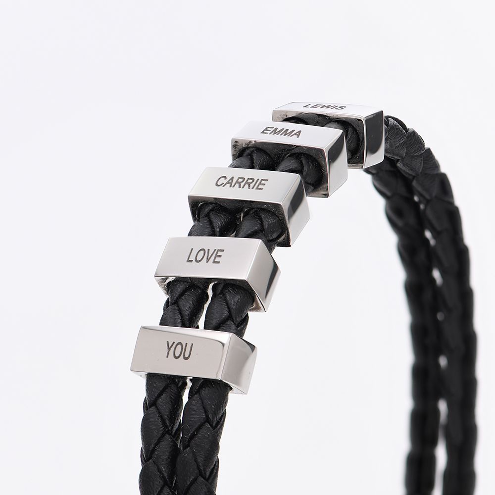 Hunter Braided T-Bar Leather Bracelet with Stainless Steel Engravable Beads for Men