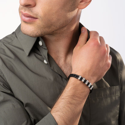 Hunter Braided T-Bar Leather Bracelet with Stainless Steel Engravable Beads for Men