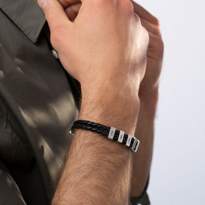 Hunter Braided T-Bar Leather Bracelet with Stainless Steel Engravable Beads for Men