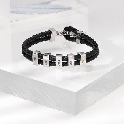 Hunter Braided T-Bar Leather Bracelet with Stainless Steel Engravable Beads for Men
