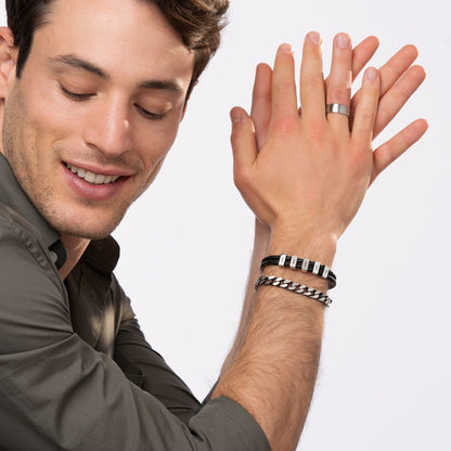 Hunter Braided T-Bar Leather Bracelet with Stainless Steel Engravable Beads for Men