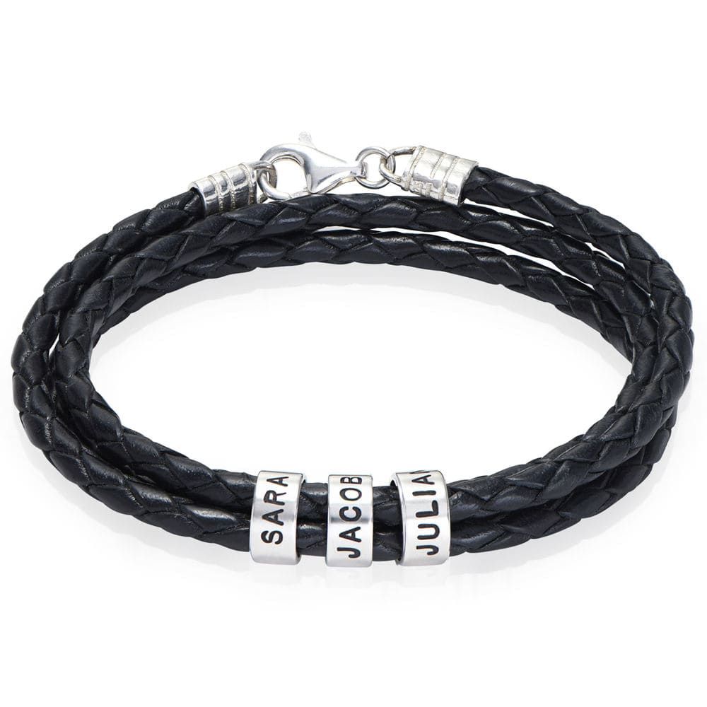 Navigator Braided Leather Bracelet for Men with Small Custom Beads in Silver