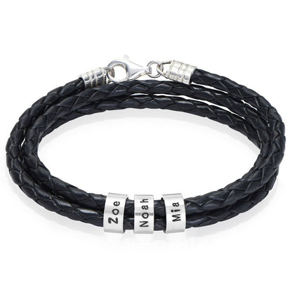 Navigator Braided Leather Bracelet for Men with Small Custom Beads in Silver