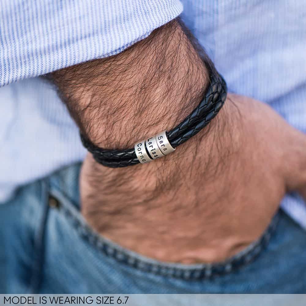 Navigator Braided Leather Bracelet for Men with Small Custom Beads in Silver