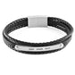 Stacked Black Leather Bracelets with an Engraved Bar