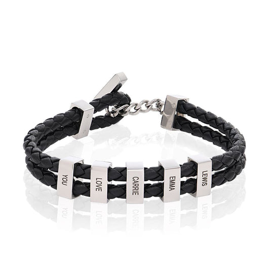 Hunter Braided T-Bar Leather Bracelet with Stainless Steel Engravable Beads for Men