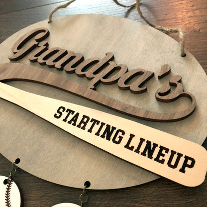 Grandpa's Starting Lineup baseball themed personalized hanging wooden sign