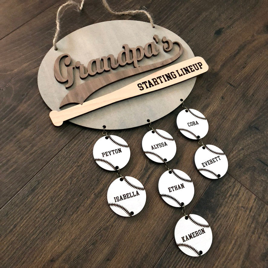 Grandpa's Starting Lineup baseball themed personalized hanging wooden sign