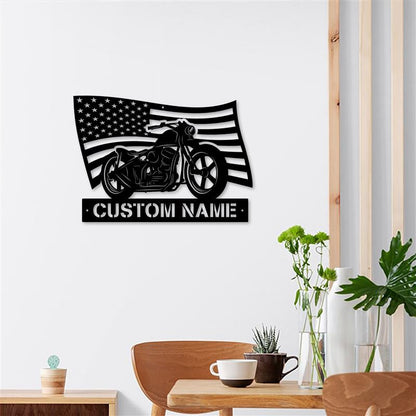 Custom USA Flag Motorcycle Wooden Sign With LED Lights