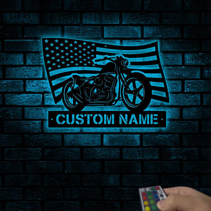 Custom USA Flag Motorcycle Wooden Sign With LED Lights