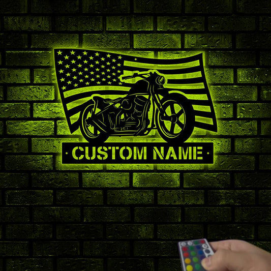 Custom USA Flag Motorcycle Wooden Sign With LED Lights