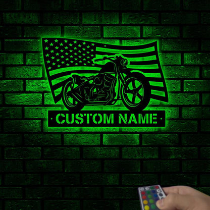 Custom USA Flag Motorcycle Wooden Sign With LED Lights