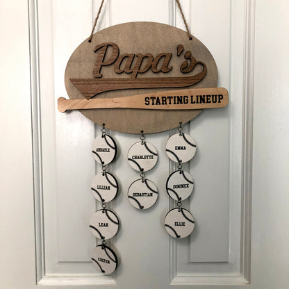 Grandpa's Starting Lineup baseball themed personalized hanging wooden sign