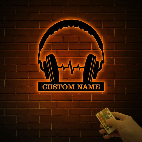 Custom Headphone Wooden Sign With LED Lights
