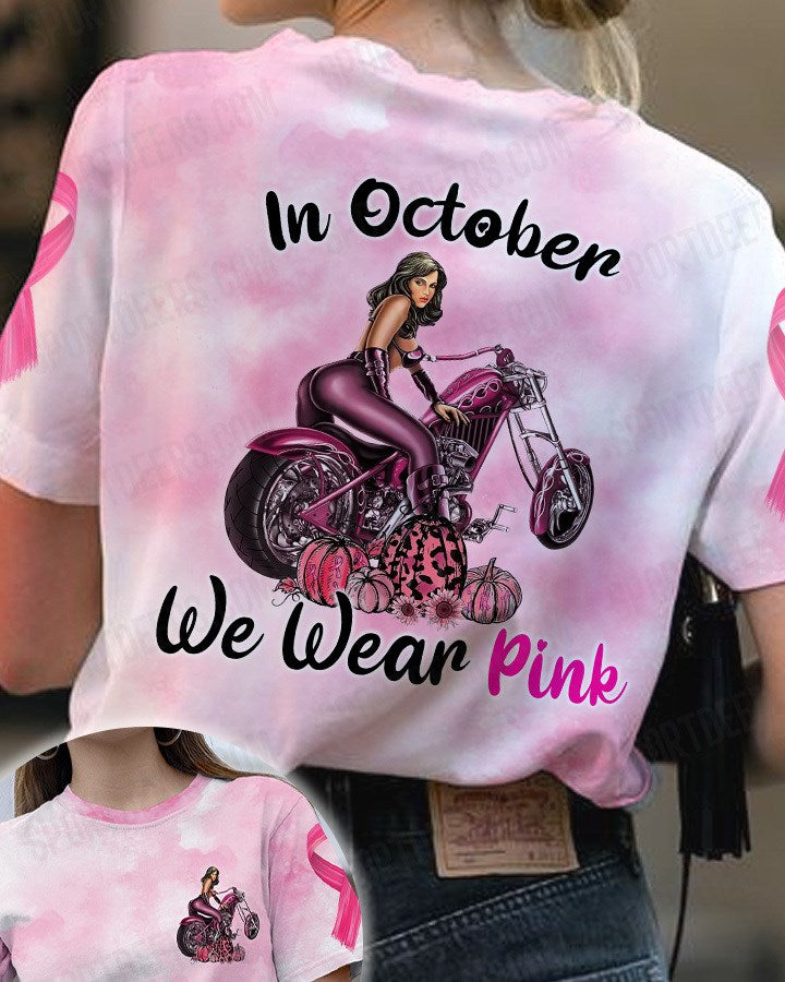 Motorcycle Girl October Pink Breast Cancer T-shirt - TG0922