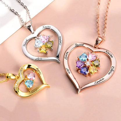 Personalized Names Heart Necklace With Birthstones