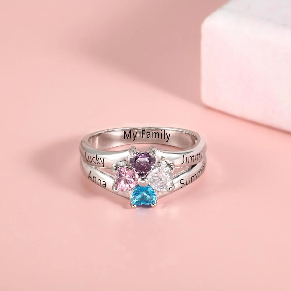 Customized Engarving Heart Birthstone Flower Ring