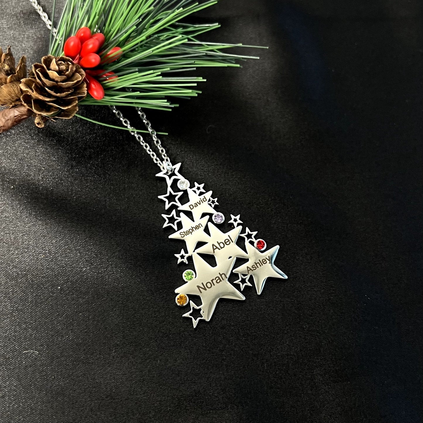 Personalized Christmas Tree Stars Family Necklace