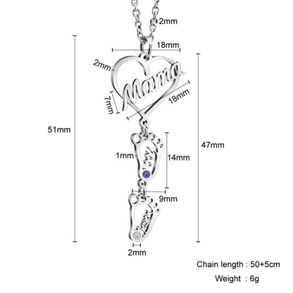 Personalized Heart Pendant Birthstones Necklace with BabyFeet Charms