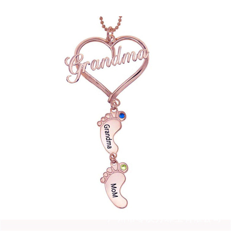 Personalized Heart Pendant Birthstones Necklace with BabyFeet Charms