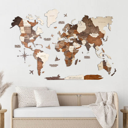 3D Wooden World Map Multicolor