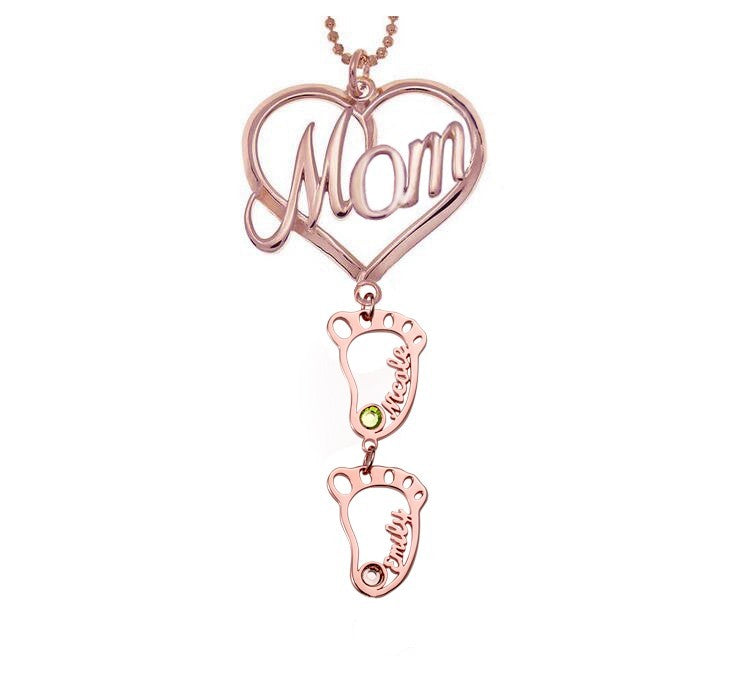 Personalized Heart Pendant Birthstones Necklace with BabyFeet Charms