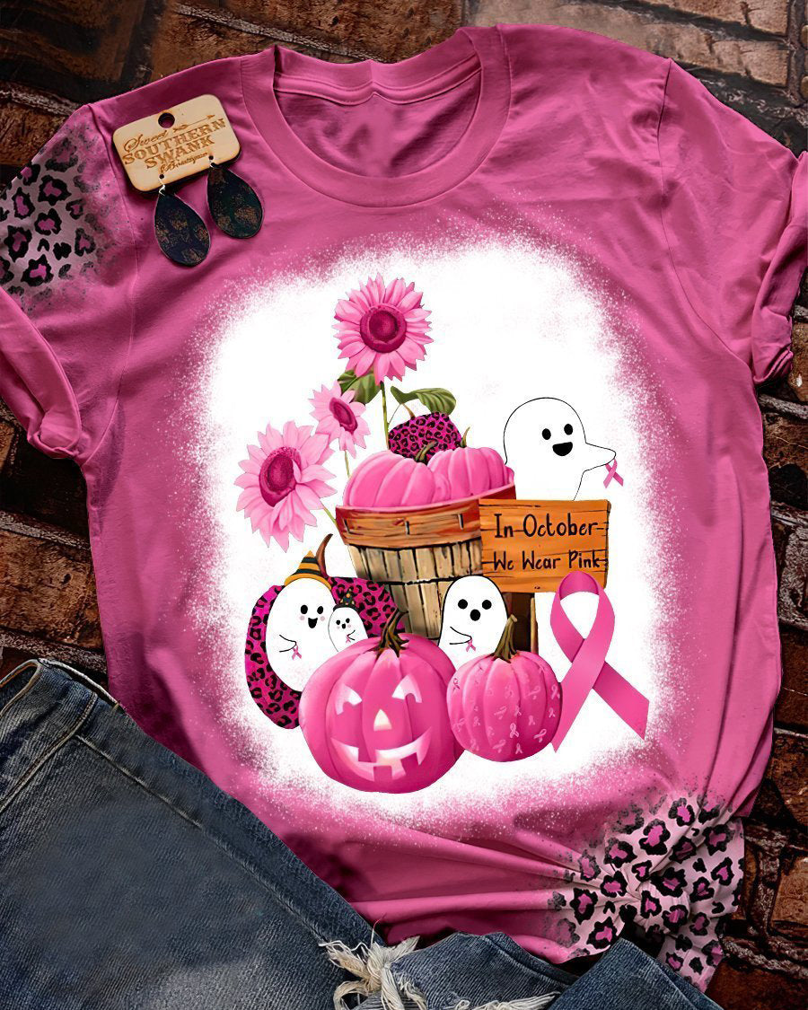 Pumpkin Ghost In October Wear Pink Breast Cancer T-shirt - TG0822QA