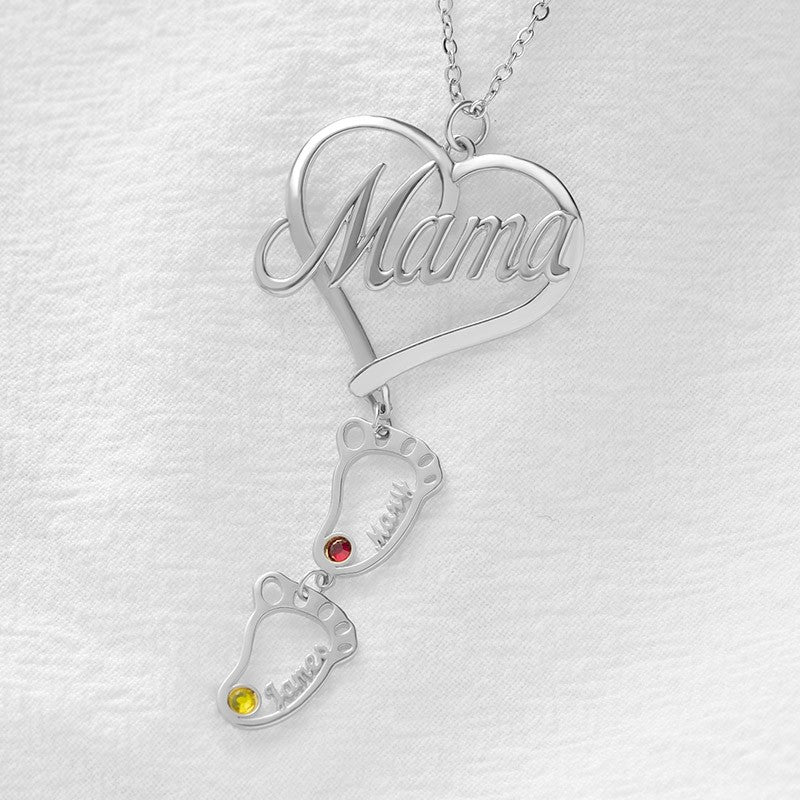 Personalized Heart Pendant Birthstones Necklace with BabyFeet Charms