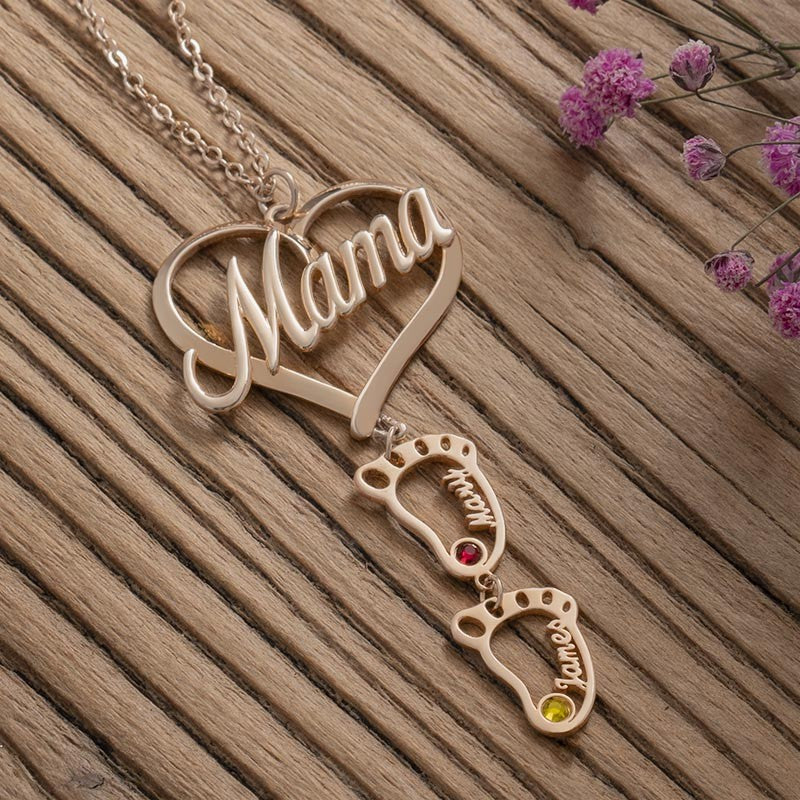 Personalized Heart Pendant Birthstones Necklace with BabyFeet Charms