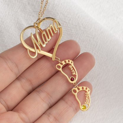 Personalized Heart Pendant Birthstones Necklace with BabyFeet Charms