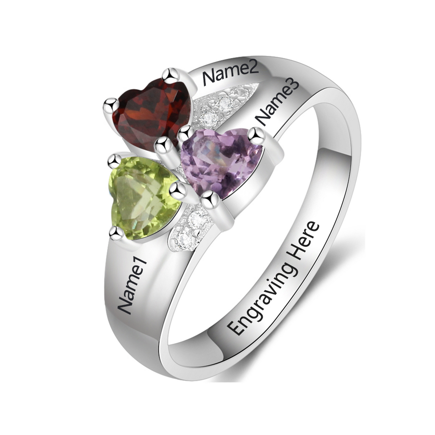 Customized Engarving Heart Birthstone Flower Ring