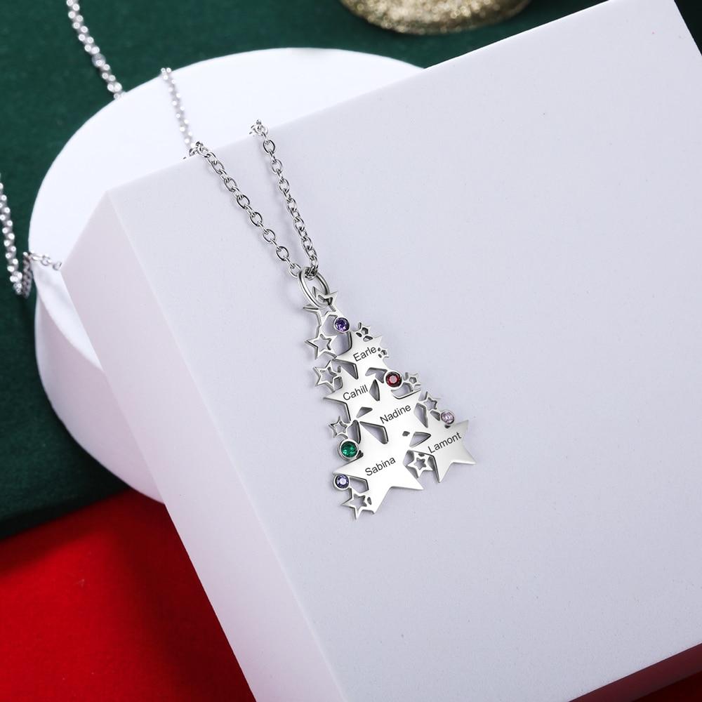 Personalized Christmas Tree Stars Family Necklace