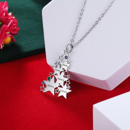 Personalized Christmas Tree Stars Family Necklace